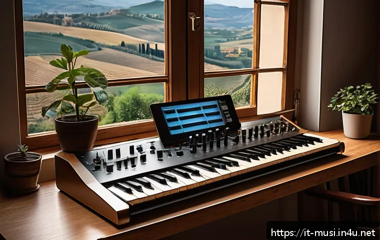 신디사이저 초보자 입문 - A cozy Italian home music studio featuring a Korg Minilogue synthesizer on a wooden desk with warm a...