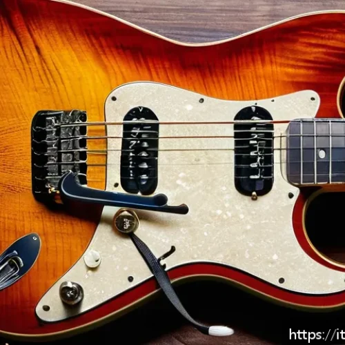 Home 33 기타 DIY 제작 키트 - A high-resolution image of a handcrafted electric guitar in the final assembly stage, showcasing a r...