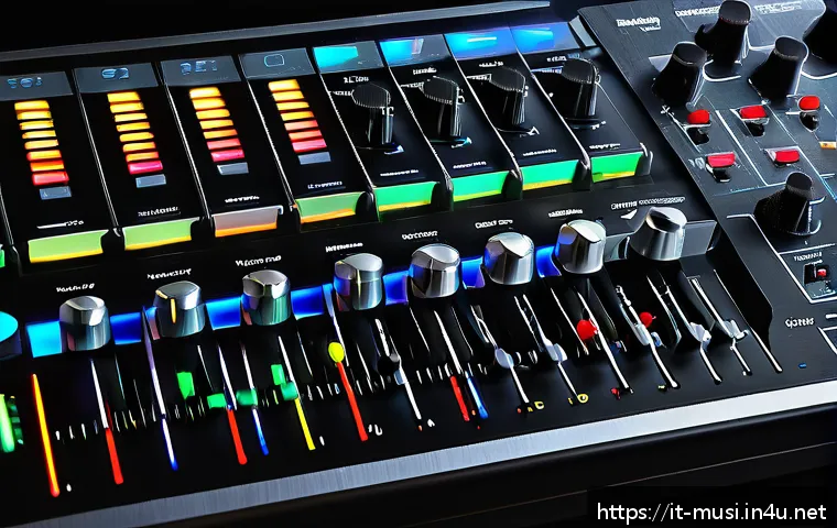 신디사이저 음향 효과 설정 - A detailed close-up of a modern music synthesizer’s oscillator section, featuring multiple waveform ...