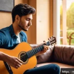 Home 19 기타 코드표 사용법 - A detailed, realistic scene of a beginner guitarist practicing basic major chords on a classical aco...