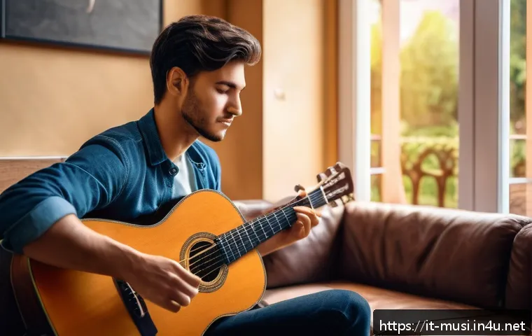 기타 코드표 사용법 - A detailed, realistic scene of a beginner guitarist practicing basic major chords on a classical aco...