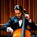 Home 18 첼로와 음악 이론 학습 - A professional cellist performing on stage in a classical concert hall, wearing elegant formal attir...