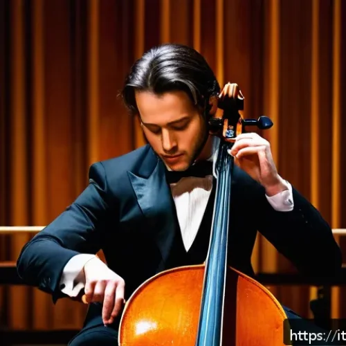 Home 30 첼로와 음악 이론 학습 - A professional cellist performing on stage in a classical concert hall, wearing elegant formal attir...