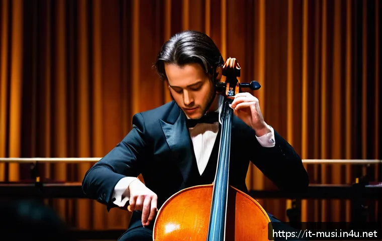 첼로와 음악 이론 학습 - A professional cellist performing on stage in a classical concert hall, wearing elegant formal attir...