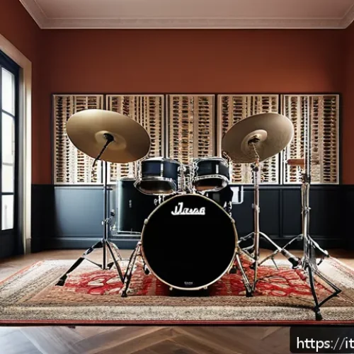 Home 17 드럼 세트 조립 방법 - A cozy and well-lit music room in an Italian apartment featuring a compact drum kit setup with a bas...
