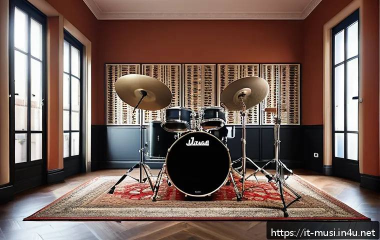 드럼 세트 조립 방법 - A cozy and well-lit music room in an Italian apartment featuring a compact drum kit setup with a bas...