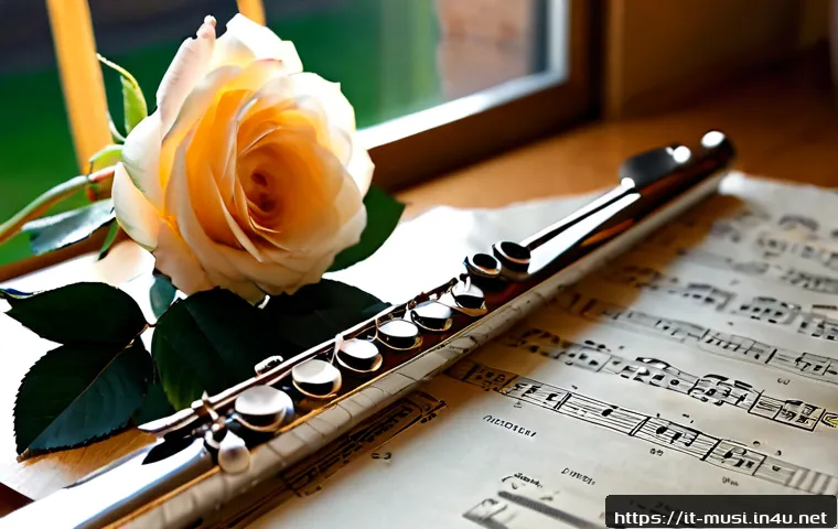 Home 17 플룻 명곡 추천 - Photorealistic editorial still life of a polished silver concert flute resting diagonally on open cl...