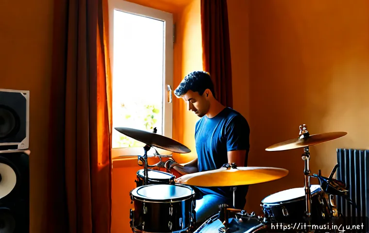 Home 17 드럼 연습 소음 문제 해결 - Photorealistic Italian apartment music room, young adult drummer practicing quietly on an electronic...