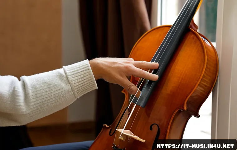 첼로 활 잡는 방법 - Photorealistic close-up instructional scene of a cellist’s right hand correctly holding a cello bow,...